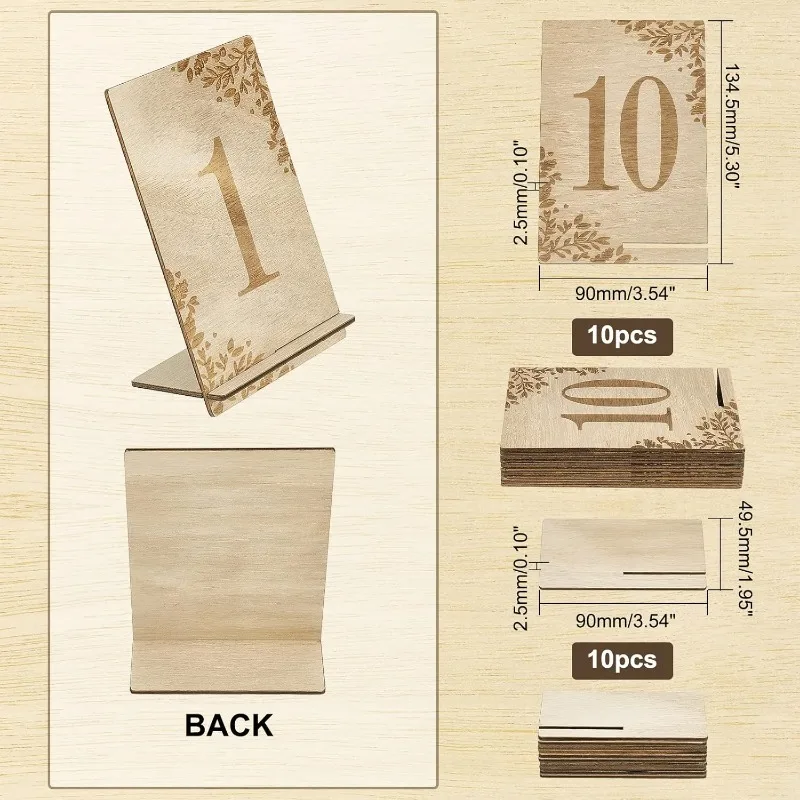 1 Set 20pcs 1-10 Wooden Table Numbers Decoration Rustic Table Signs with Base Holder Reusable Reception Centerpieces Seating
