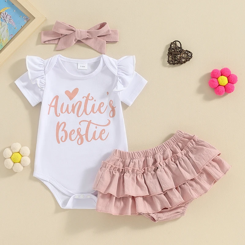 

Newborn Baby Girl Summer Clothes Ruffle Short Sleeve Romper Aunties Bestie Bodysuit Tutu Ruffle Shorts Set