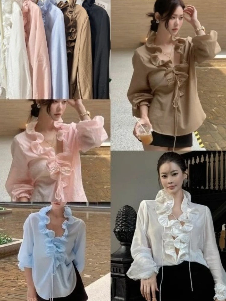 

French Sweet Spliced Ruffle V Neck Long Sleeve Blouse Y2k Aesthetic High Street Casual Temperament Clothes Office Lady Shirts