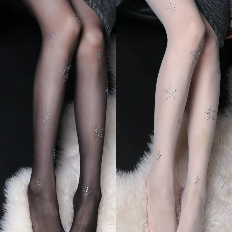 

New Star Diamond Rhinestone Fishnet Sexy Women Pantyhose Thigh High Stockings JK Lolita Girls Kawaii Bling Underwear Pantyhose