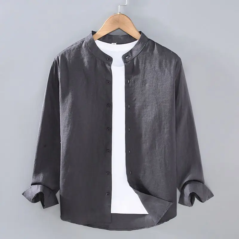 Pure Linen Men& Long-sleeved Shirt Spring and Summer National Style Stand Collar Shirt Large Size Loose Versatile Trendy Clothes
