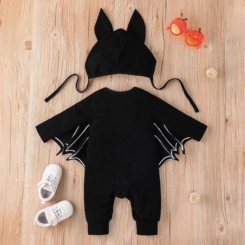 Halloween Bat Costume para crianças, bebês meninos e meninas, bodysuits, chapéu, macacão manga comprida, vestido de festa, roupas infantis