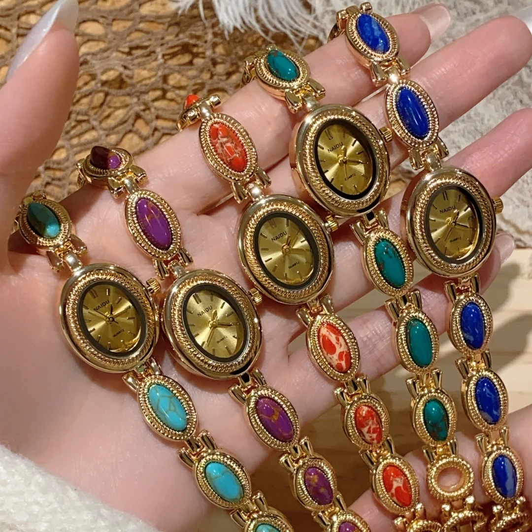 الراقية السيدات ووتش ضوء الفاخرة النمط الوطني البيضاوي حجر سوار ساعة اليد للنساء ساعات كوارتز الذهب relogio feminino