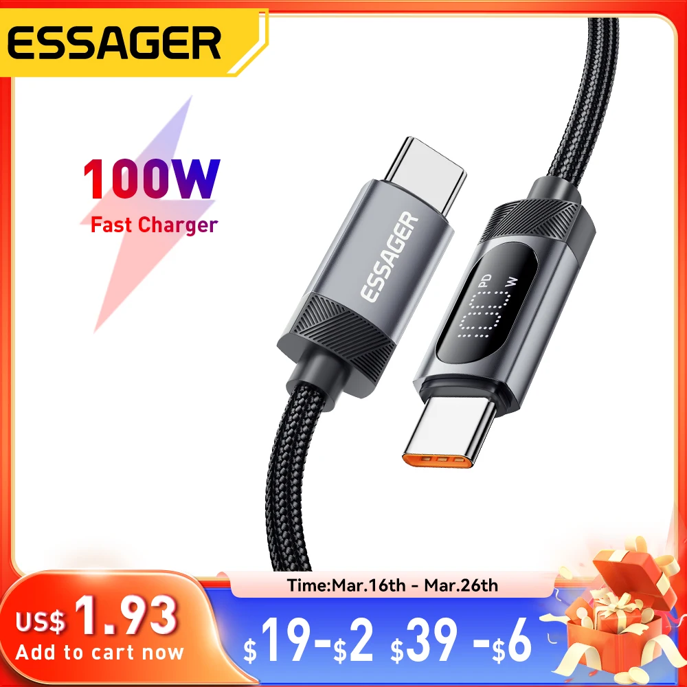 Cable USB C de pantalla Digital Essager para iPhone 16 15 Xiaomi Huawei 100W PD carga rápida para Macbook iPad Cable tipo C a tipo C