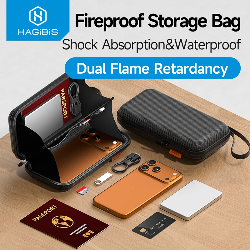 Hagibis Fireproof Storage Bag Travel Carrying Case for Cell Phone Important Document Cash Power Bank Hard Shell Pouch Waterproof