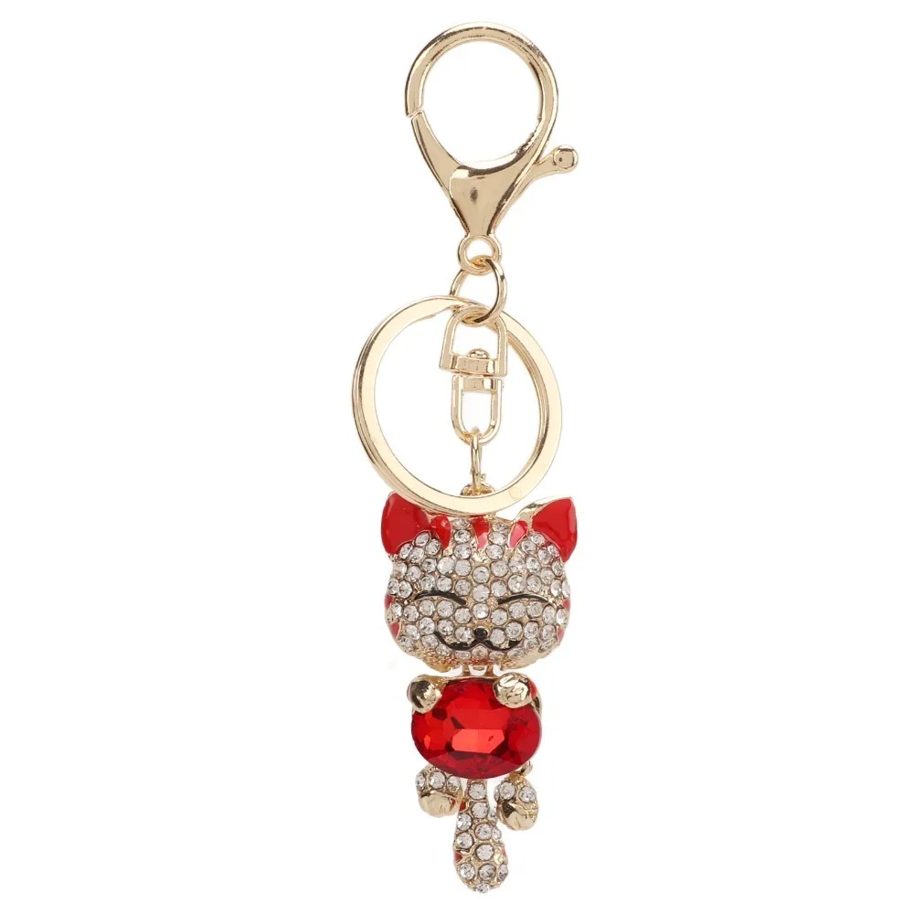 1pcs Cute Zinc Alloy Cat Keychain Metallic Luster Rhinestone Crystal Cat Bag Charm Cat Pendant For Backpacks