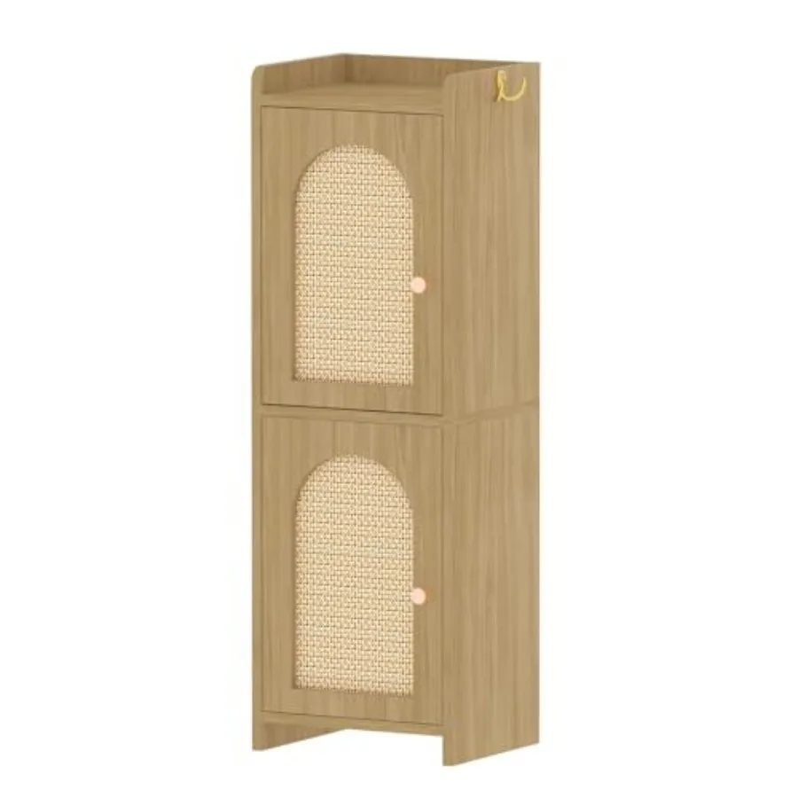 

Rattan Bathroom Storage Cabinet, Corner Floor Cabinet with 2 Doors and Adjustable Shelf, Narrow Toilet Paper Cabinets with 2Hoo