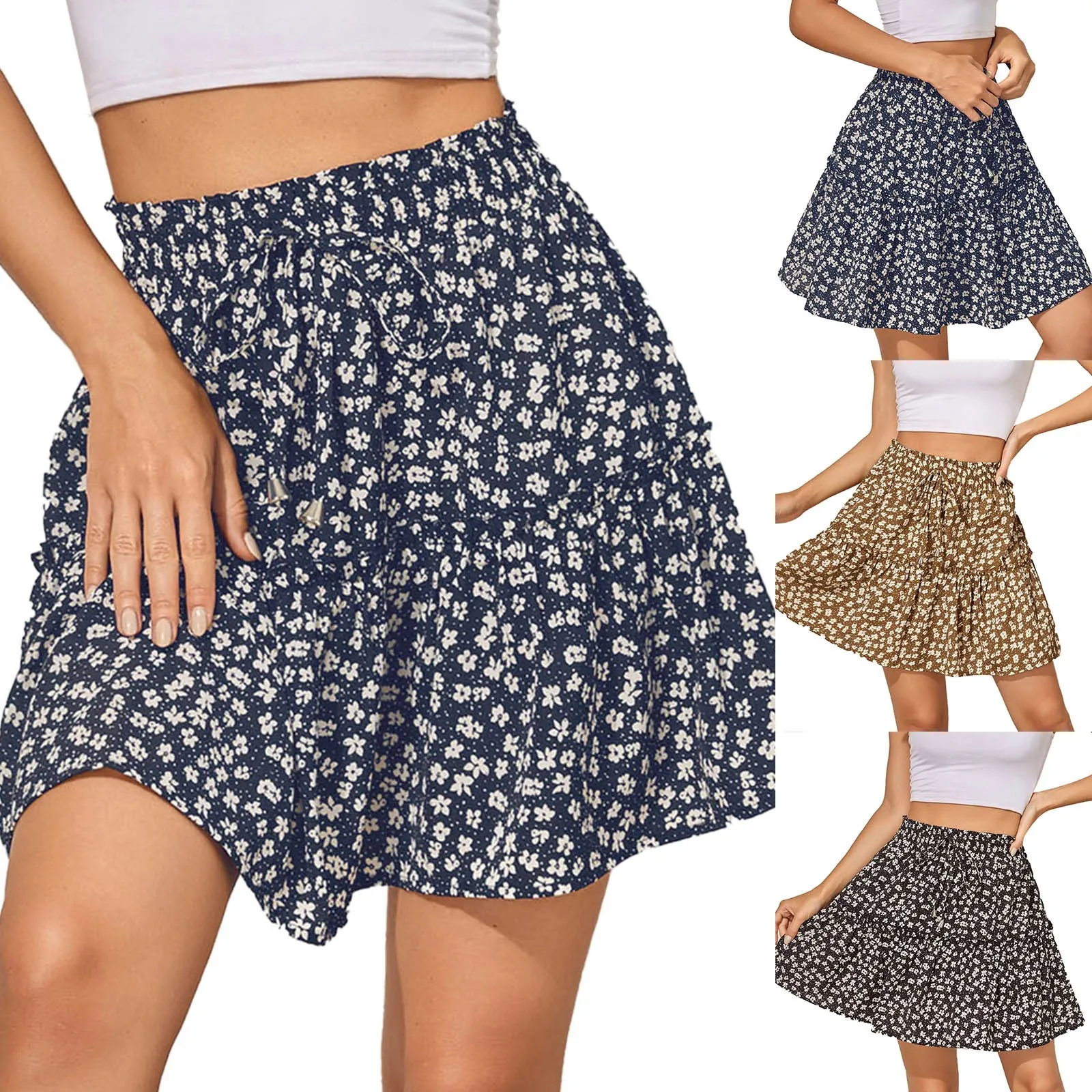 

New In Summer A-Line High Waist Loose Casual Floral Skirts Women Fashion Prairie Chic Female Lace-Up Sweet Beautiful Skirt