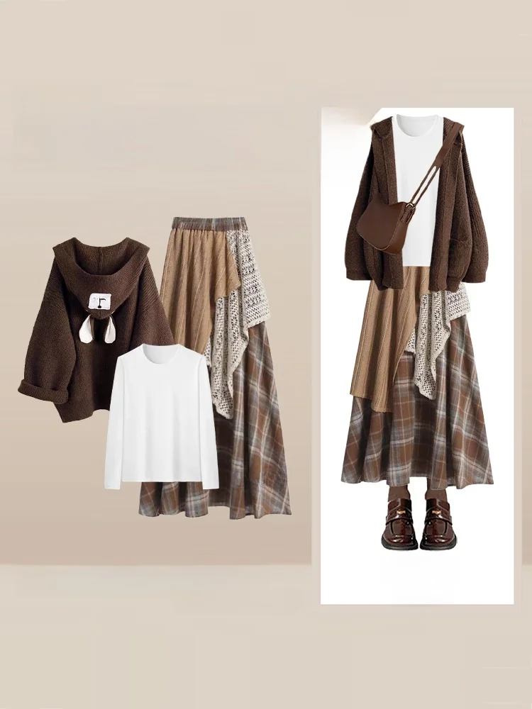 

Осенне-зимний комплект, шапка, клетчатая юбка с капюшоном, футболка, женская модная дизайнерская повседневная длинная свековая свободная одежда, ансамбль