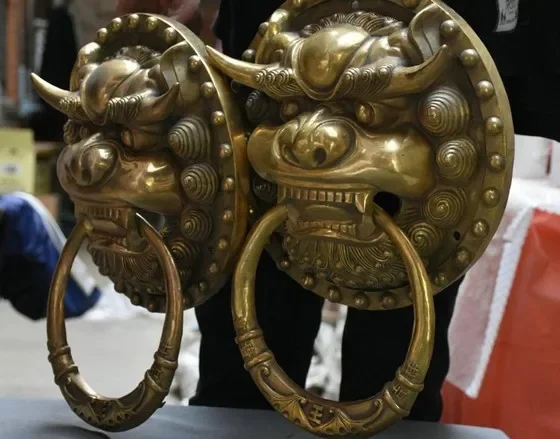 15 "الصينية النحاس فنغشوي الشر الحرس فو فو الكلب الأسد رئيس مطرقة الباب زوج #5