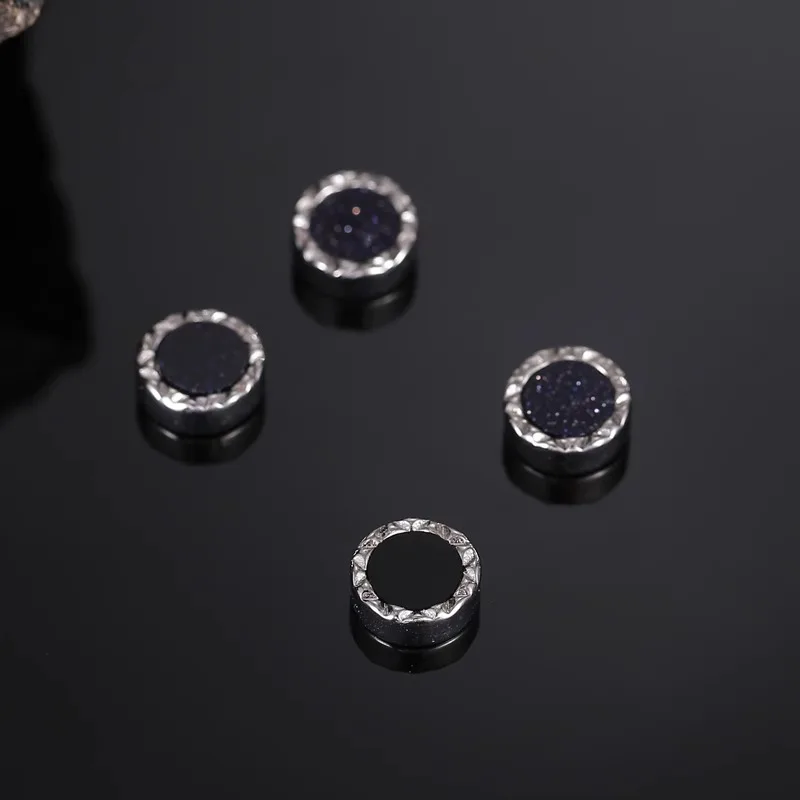 Round Hammered Edge Black Sandstone Druzy Stud Earrings Stainless Steel Screw Back Punk Men Piercing Jewelry