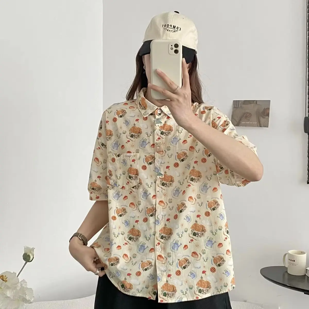 Japanese 2000s style y2k shirts and blouses for women harajuku fashion short sleeve cartoon print blouse cotton summer clothes