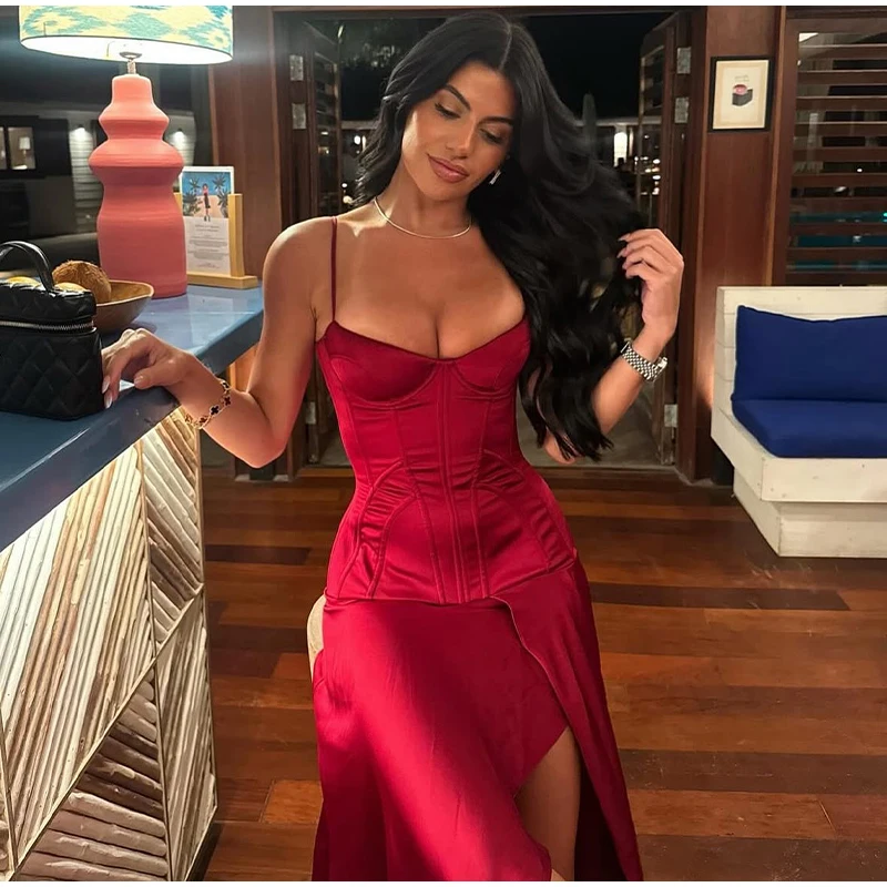 Elegant Sleeveless High Split Women Midi Dresses Vintage Wine Red Spaghetti Strap Dress 2026 Summer Lady Evening Party Vestidos