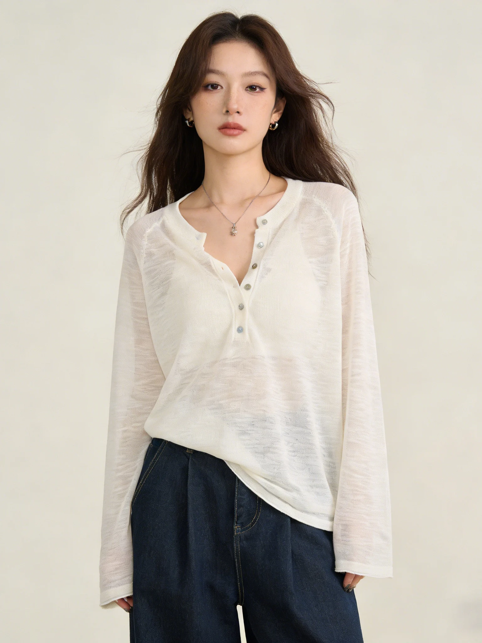 Korean Style Loose Long Sleeve Knitted round Neck Top Women's Translucent Summer Sunshade Cover White Shirt Comfortable Breat...