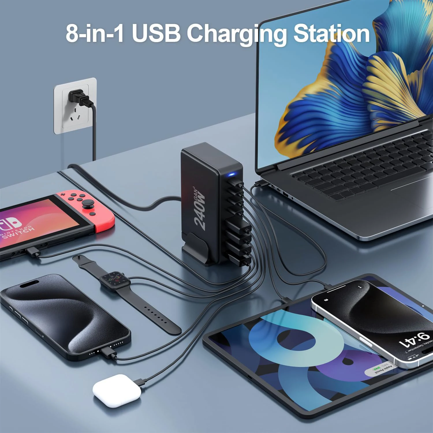 240W fast charging block, 6-port charging station suitable for iPhone/iPad/MacBook, 4C2A PD GaN charger box, USB tower hub, 5-fo