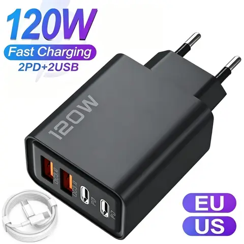4 Port 120W USB C Fast Charger Station PD QC3.0 Wall Adapter Data Cable For iPhone Samsung Xiaomi Huawei EU US UK Plug Travel
