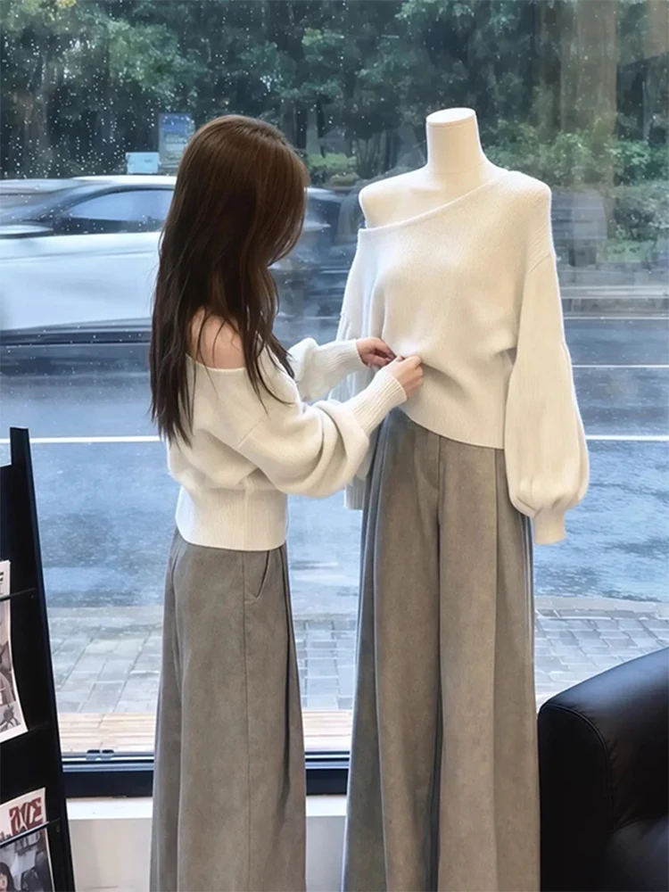 Chic Korean Sle White Asymmetrical oulder Knit Sweater Women's Faionable Autumn Winter Long Sve Loose Fit Sweater
