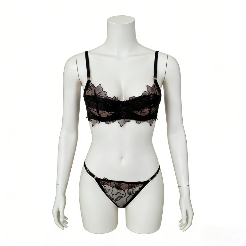 Französisches Dessous-Set, sexy Cut-Out-Stickerei, ultradünn, gerafft, mit Verschluss für kleine Brüste, rein erotisch, transparent, BANERDANNI TUSHY