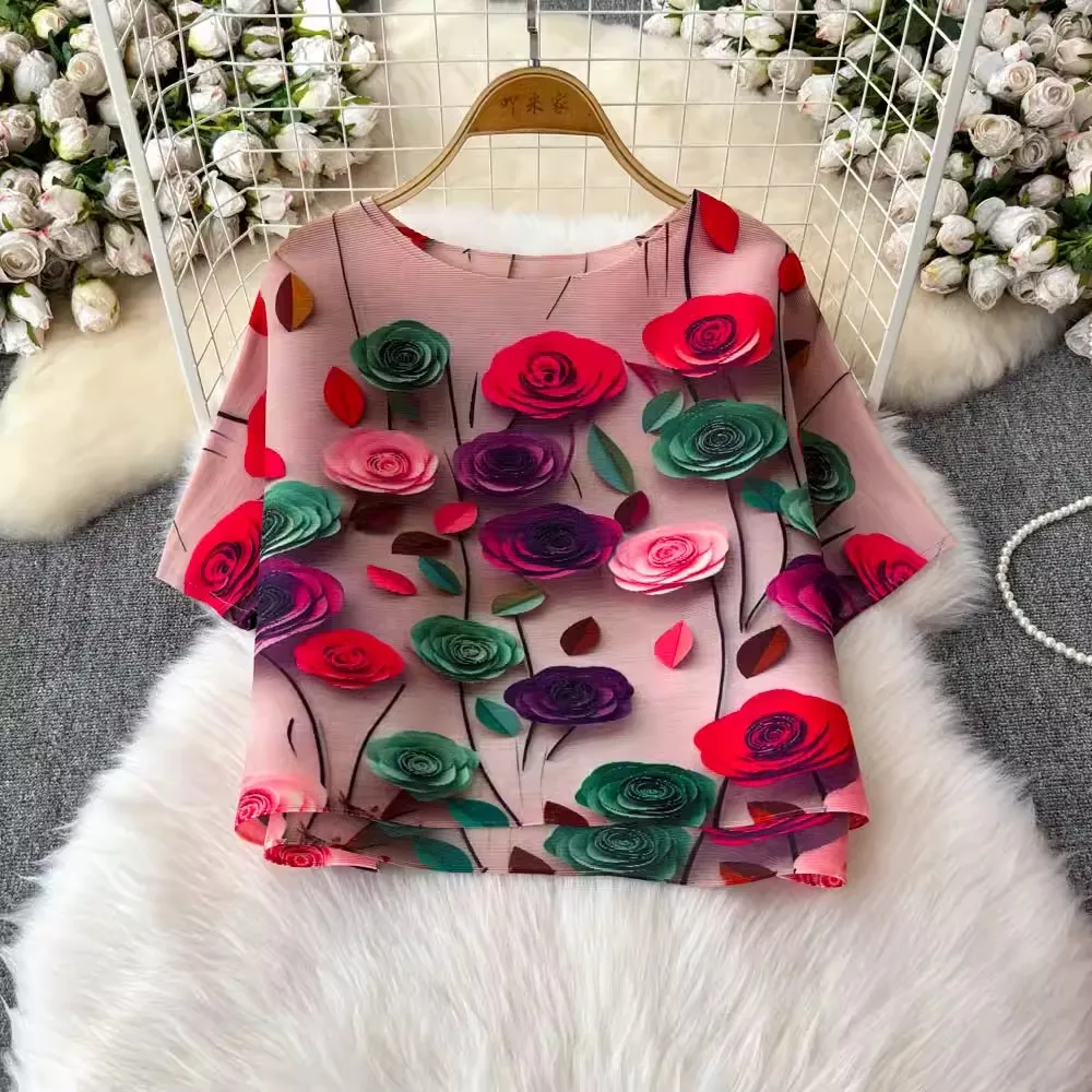 Gorgeous 3D Rose Miyake Pleated Blouses Shirts For Women High Stretchy Batwing Sleeve Floral Print Casual Loose Chiffon Tops