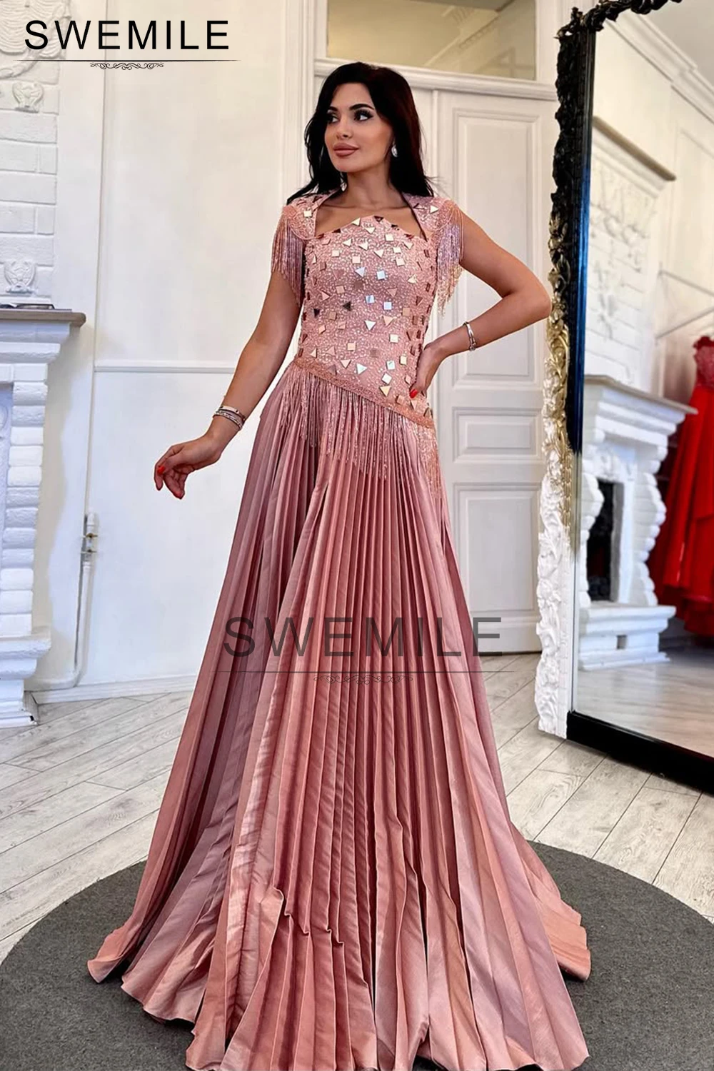 SWEMILE Saudi Rosa Pailletten A-Linie Falten Abendkleid Perlen Quaste Cape Ärmel Bodenlangen Ballkleider Elegante Partykleider