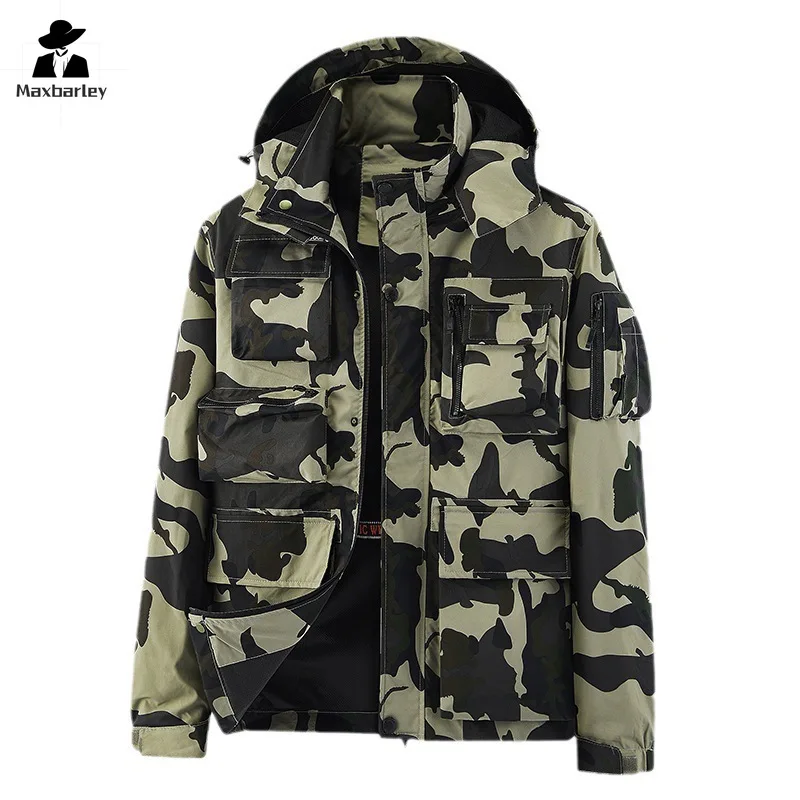 Men's Waterproof Jacket Hiking Hunting Windshield Autumn Camouflage Husband Men Windbreaker Hood Coat pocket Male Jacket 5XL