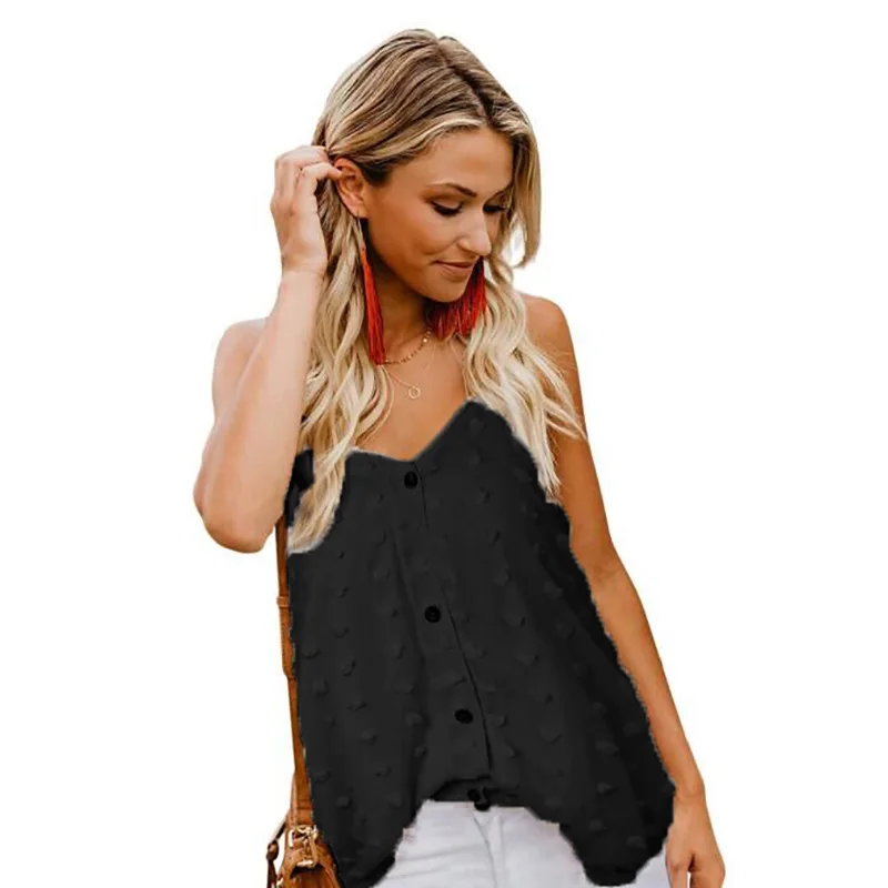 

Girl's Sleeveless Solid Chiffon Jacquard Camisole Tops Ladies Comfy V Neck Loose Clothing Button Tops For Spring Summer Holiday