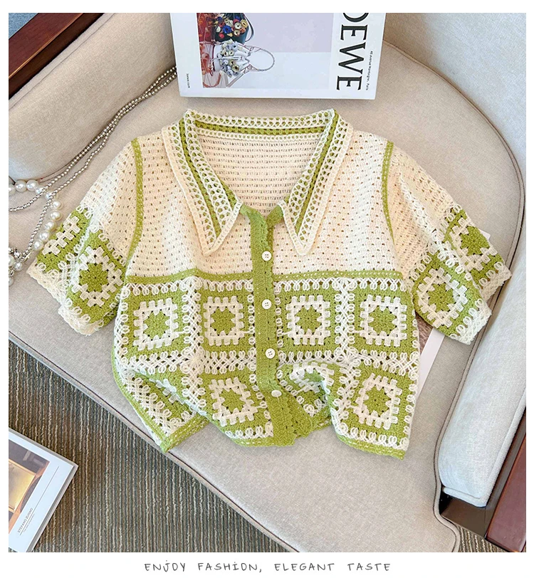 Floral Crochet Vest Top Collared Button-up Short Sleeve Sheer Crop Knit Top Cardigan for Women Teengirl Fairycore Vintage Outfit
