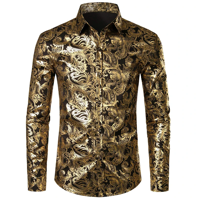 Mens Nightclub Golden Shirts 3D Rose Flower Printed Slim Fit Button Down Party Dress Shirt Casual Long Sleeve Plus Size T Shirt