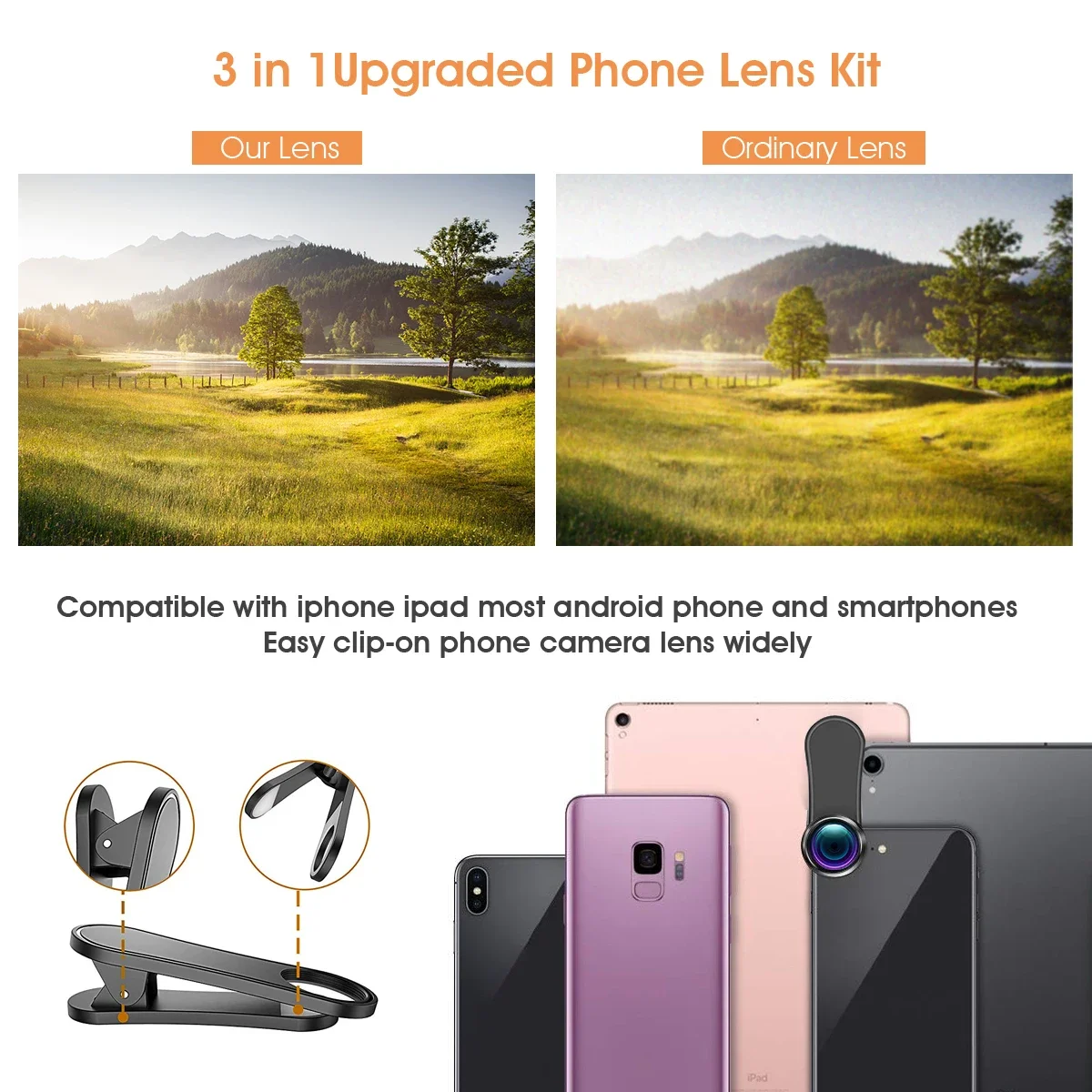 3-In-1 Cellphone Lens Set 120° Wide Angle 198° Fisheye 20X Macro Lenses Camera Kits with Lens Clip for Smartphone iPhone Android