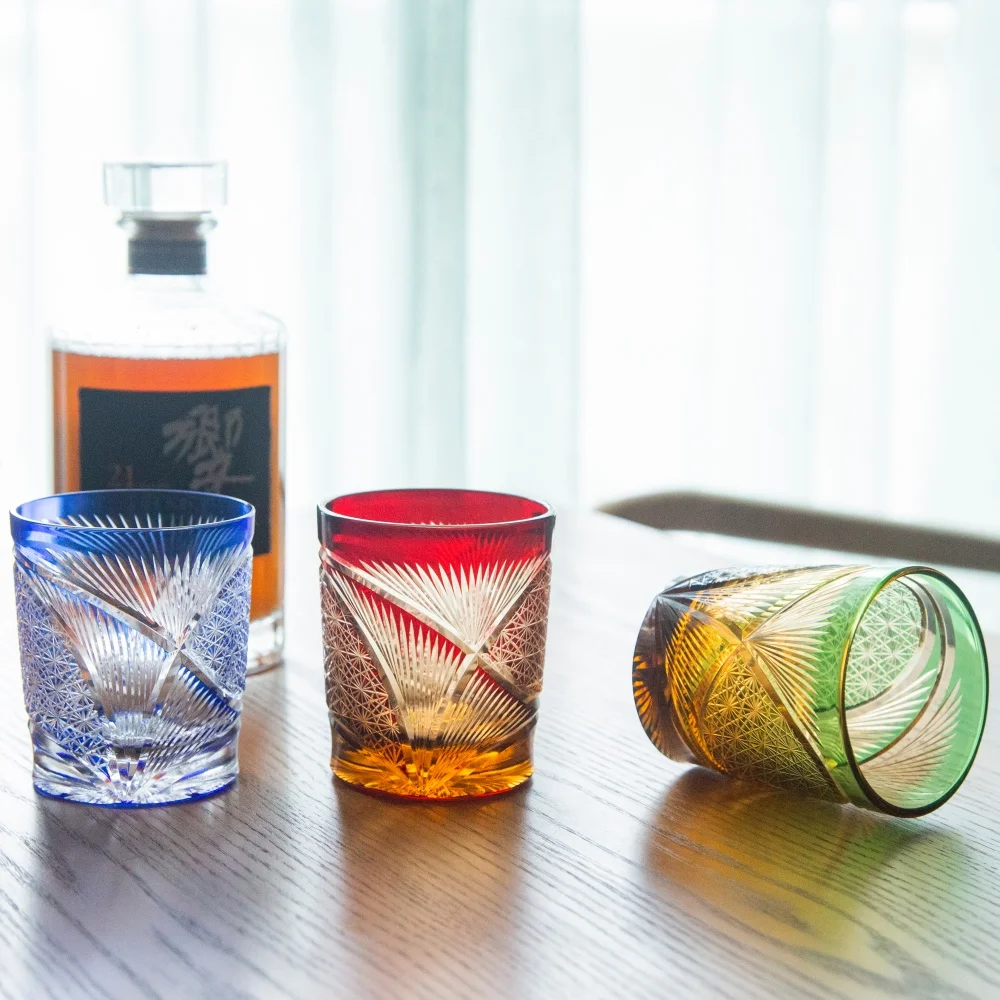 

Handmade Classic Japanese Style Edo Kiriko Cut Amber Whiskey Glass Tumbler for Home Bar Decor Rocks Bucket Cocktail Glassware