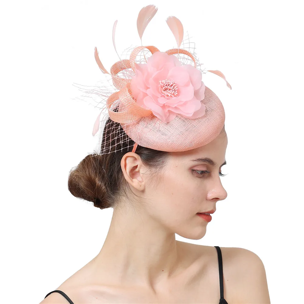 Pink Fascinator Sinamay Hat Cocktail Women Party Fascinator Headband Vintage Millinery Veils Headwear For Wedding Hair Accessory