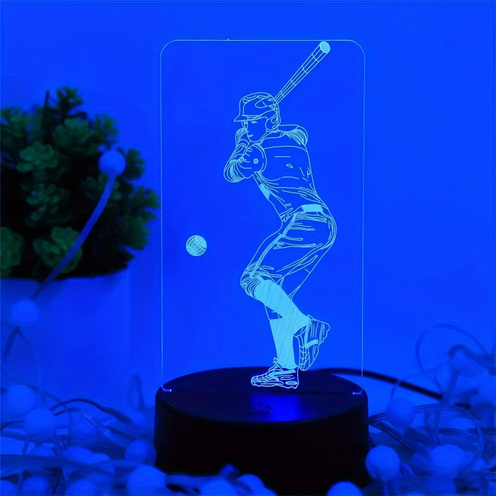 Baseball Player 3D Night Light LED Touch Illusion Light 7/16 Colors Changing USB Table Lamp for Home Office Desk Decoration Gift