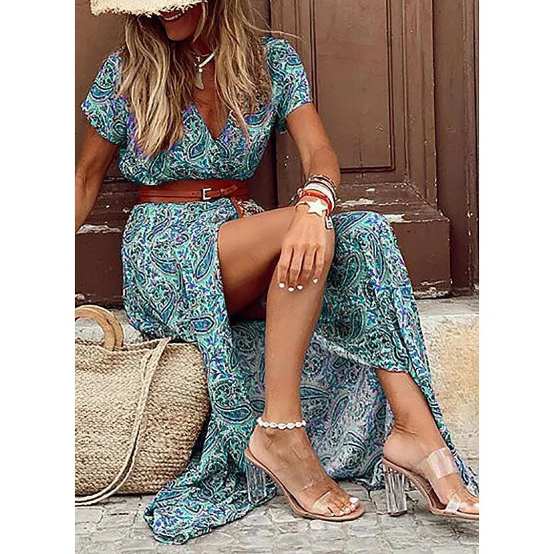 Women Sexy Casual Elegant Holiday Dress Summer Trend V-Neck High Slit Irregular Midi Dress Retro Vintage Print Slim With Belt