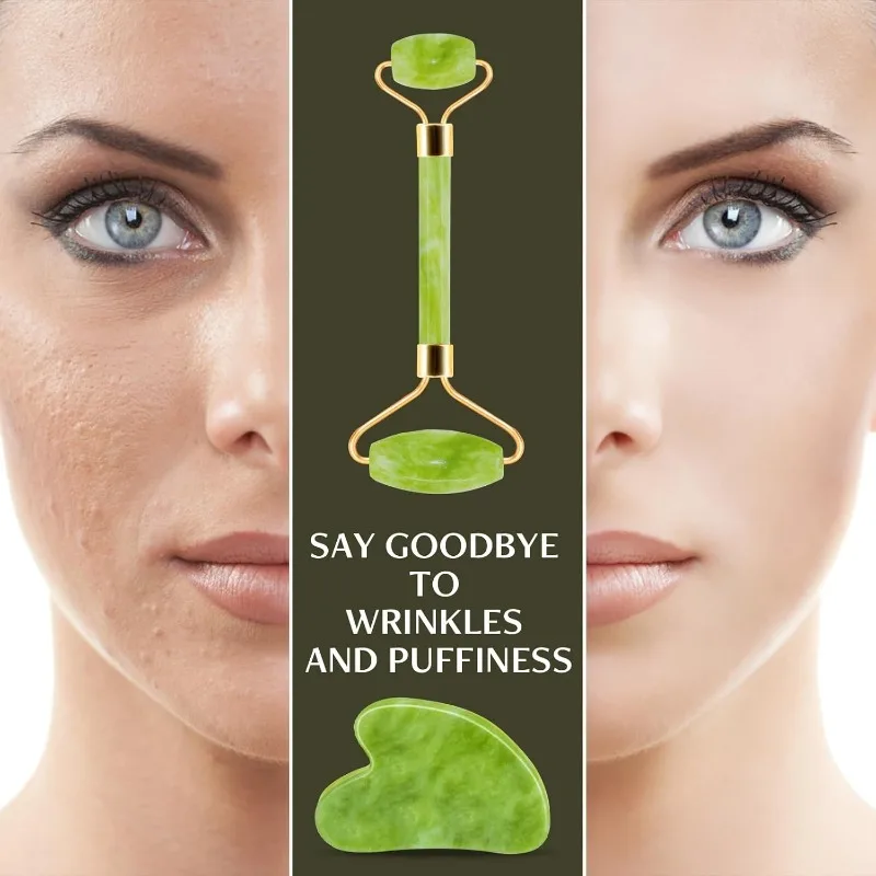 Rolo de jade gua sha ferramentas faciais anti-envelhecimento jade beleza ferramenta de cuidados com a pele rolo facial para rejuvenescer o resfriamento da pele facial emagrecimento