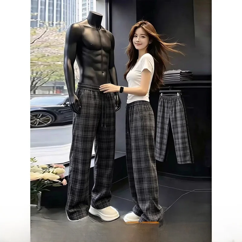 American Street Style Men's Loose Casual Corduroy Wide Leg Pants Couple Plaid Pants Sweatpants Straight Cut Trousers