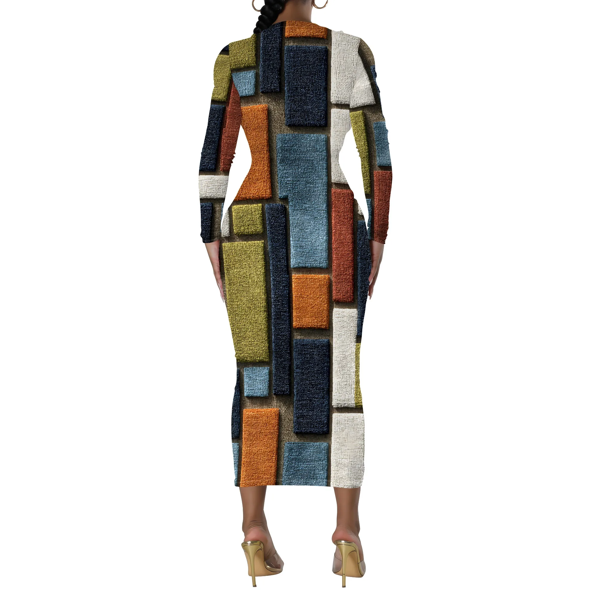 Colorful Block Print Long Sleeve Dress, Geometric Pattern Maxi Dress, Round Neck Bodycon Gown, Party Club Wear XS-3XL
