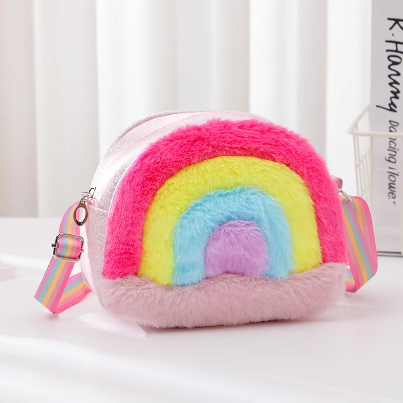

Lovely Plush Rainbow Design Children Shoulder Bags Cartoon Patchwork Light Kids Pu Crossbody Bag Outdoor Sports Girls Coin Purse