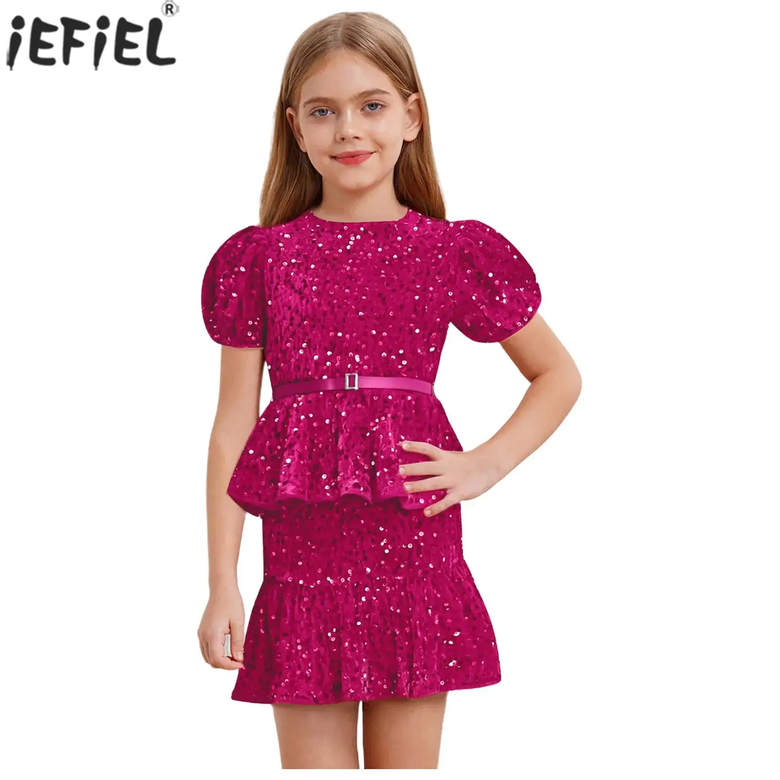 Kids Girls Elegant Party Outfits Sparkly Sequins Short Puff Sleeveless Shirts Tops with Mini Skirt for Birthday Wedding Pageant