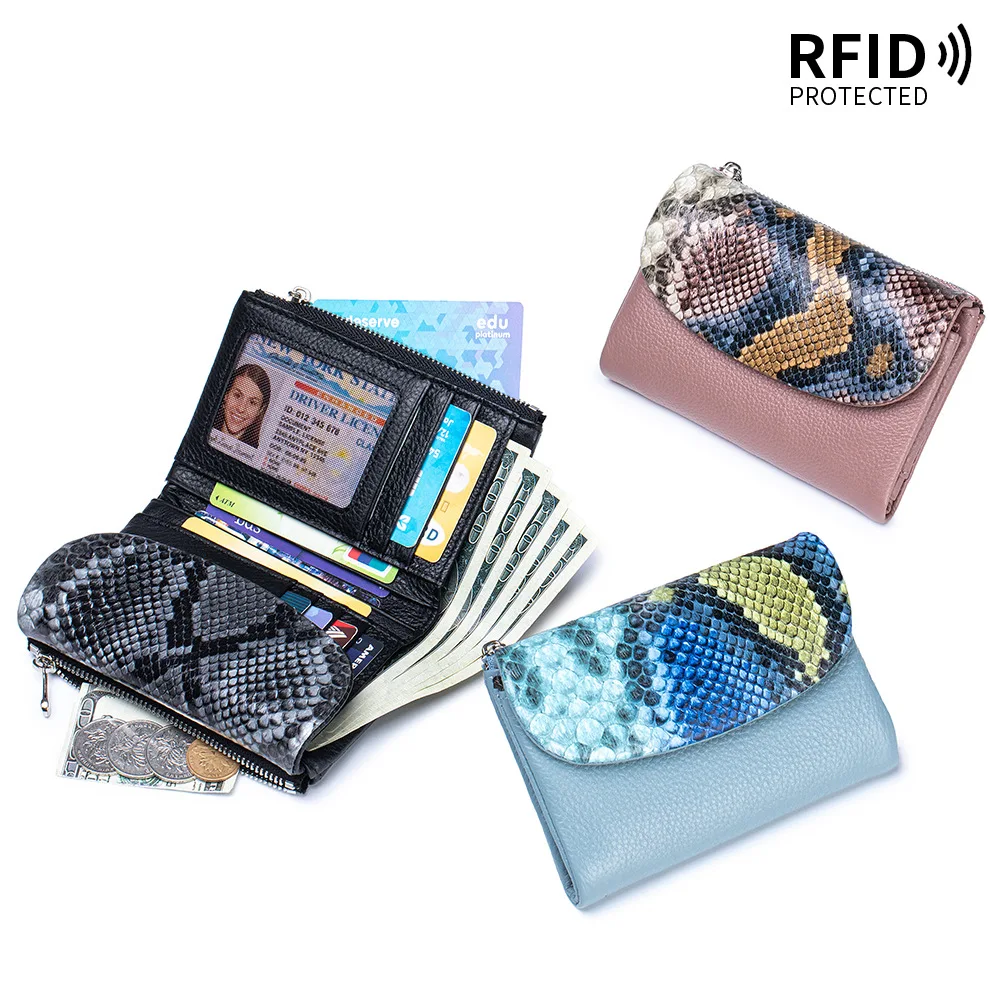 Women's Genuine Leather Tri-Fold Wallet, RFID Blocking Snake Print Large Capacity Multi-Card Slots Clutch Bag Brand Long Wallet