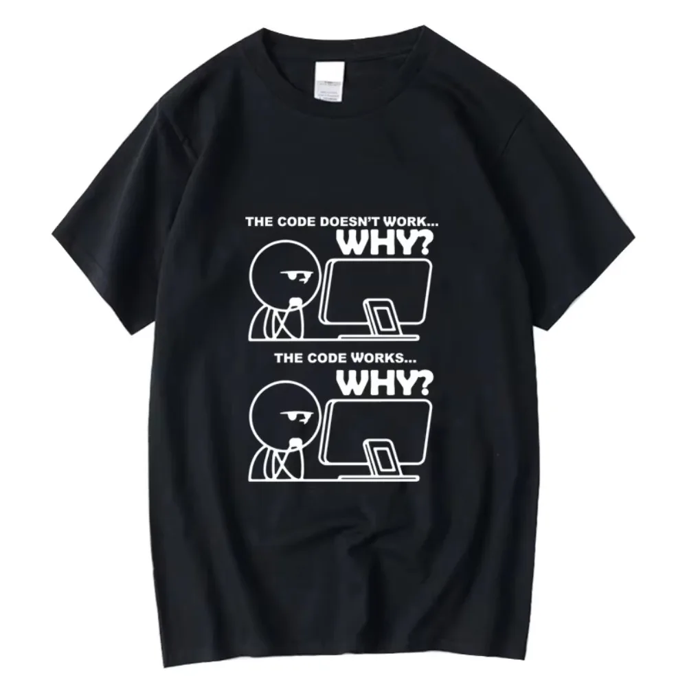 Programmer Code WHY Graphic Tee Front Stickman Code Meme Print Men Casual Crew Neck Cotton Short Sleeve T-shirt