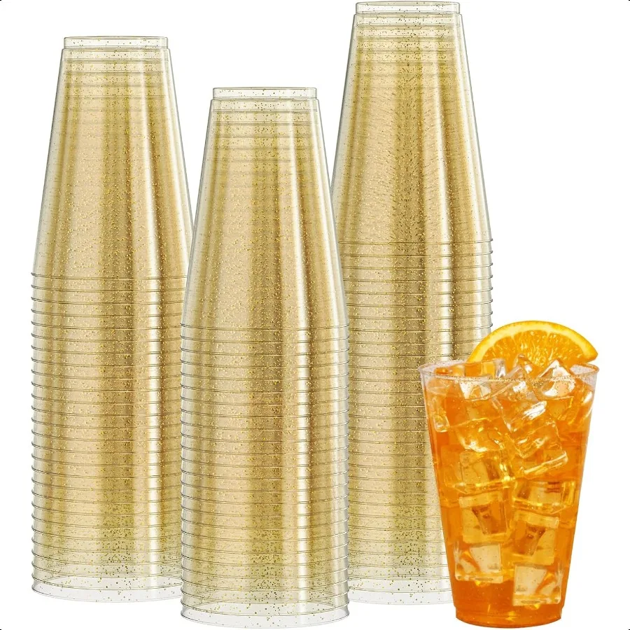 

100 Count 14 OZ Gold Glitter Heavy Duty Large Plastic Cups Plastic Glasses Tumblers Elegant Wedding Birthday Christmas Party C