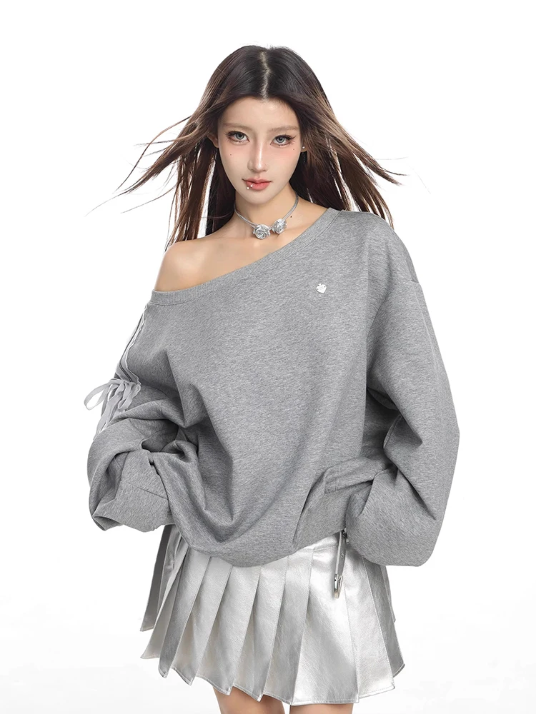 Chic Design Diagonal Shoulder Sweatshirt For Women Autumn Winter Loose Pullover Hoodies Long Sleeved Off Shoulder Top