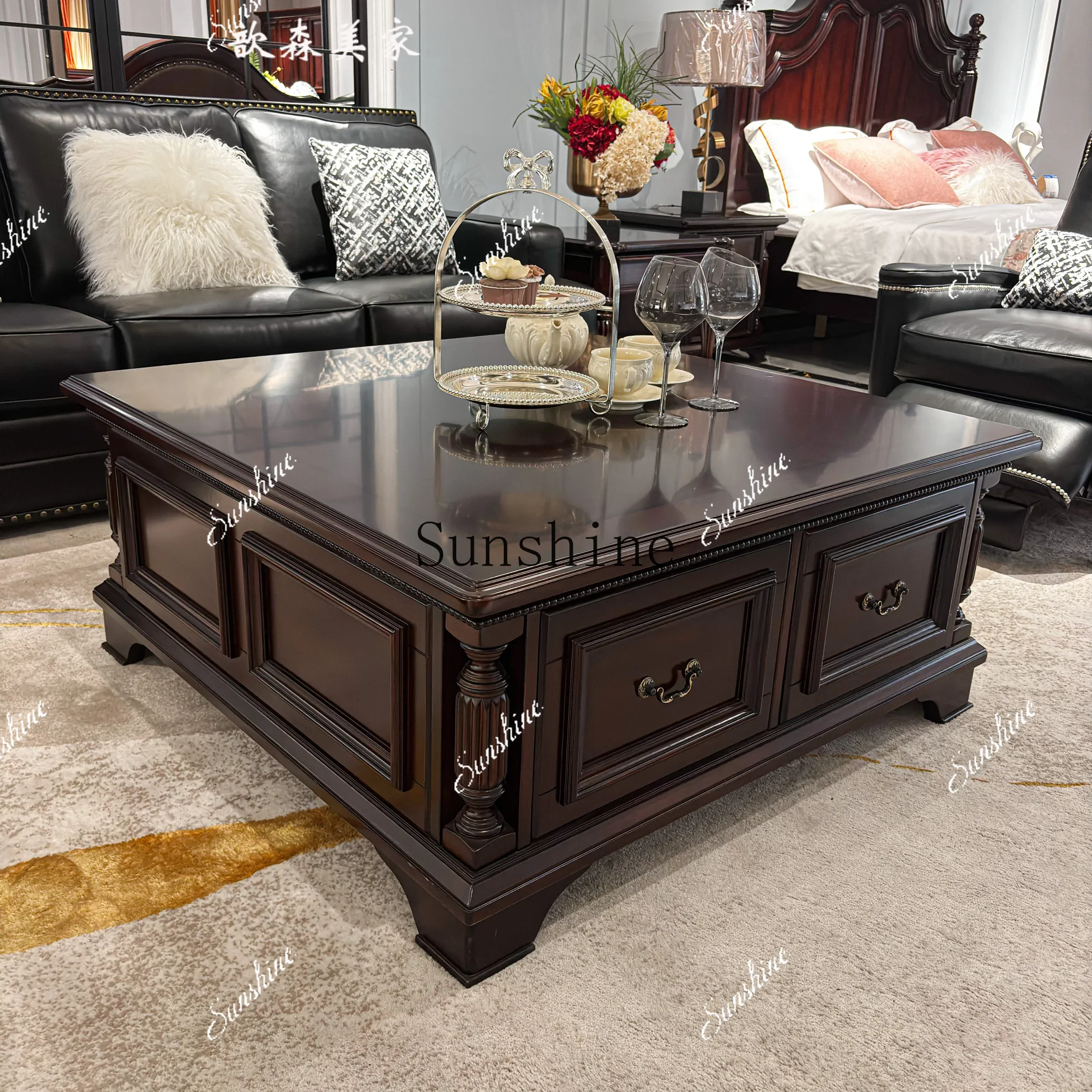 American solid wood square coffee table villa high-end living room furniture simple and modernP