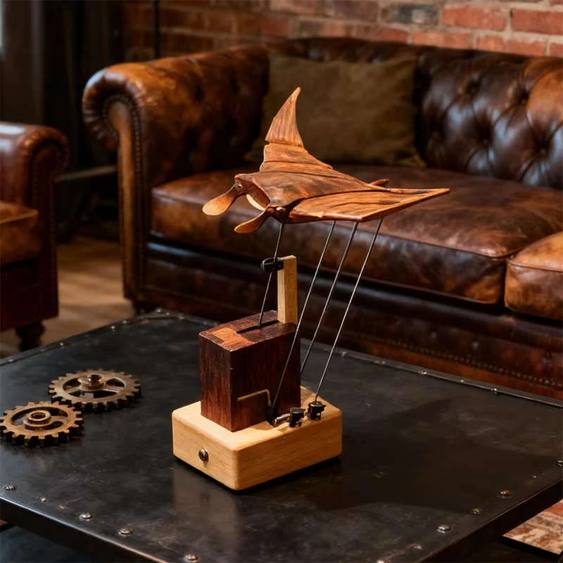 Adorno artesanal de madera maciza, figura de Manta Ray motorizada de madera hecha a mano, manta Ray Automaton, regalos de decoración del hogar