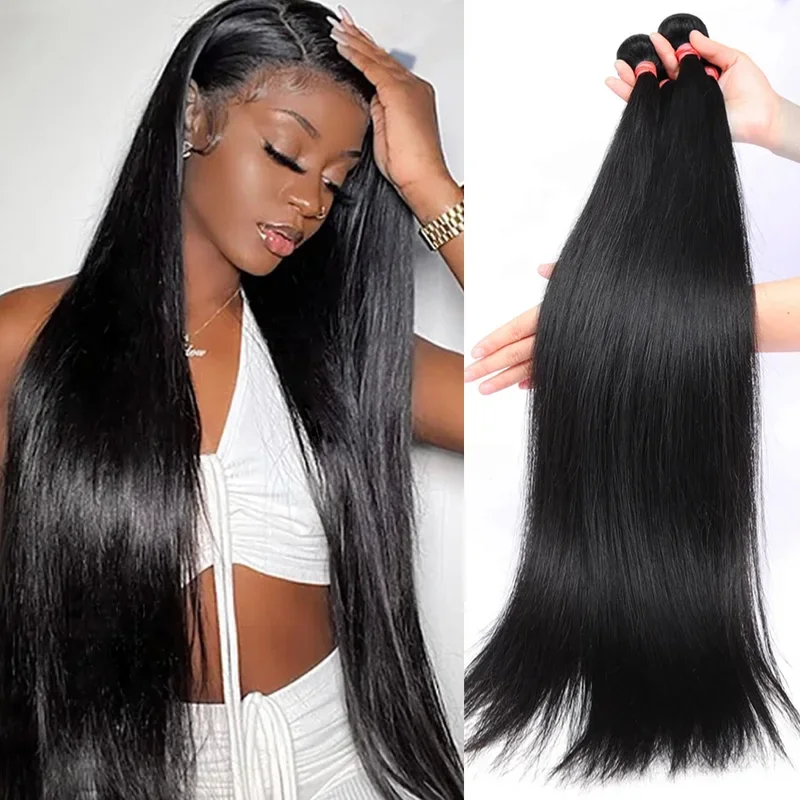 30 40 Inch Bone Straight Bundles 100% Human Hair Brazilian Remy 10A Extension 1 3 4 Bundles Weft Doule Drawn Wholesale