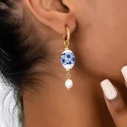 Retro New Chinese Blue And White Porcelain Ceramic Pendant Round Earrings Women Fashion Elegant Jewelry Accessories