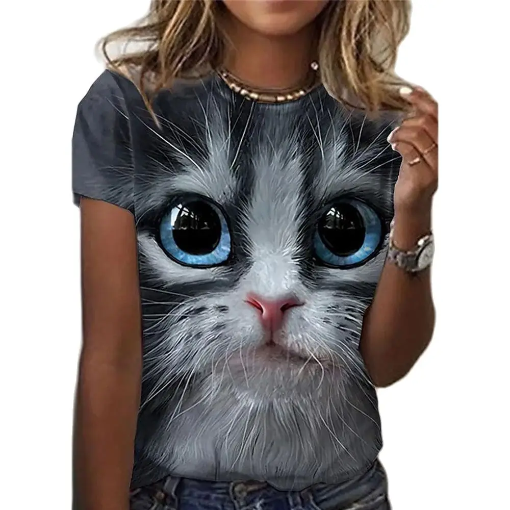 Camisetas de manga corta con estampado de gato Kawaii en 3D para mujer, Tops divertidos con cuello redondo informales, ropa holgada de gran tamaño