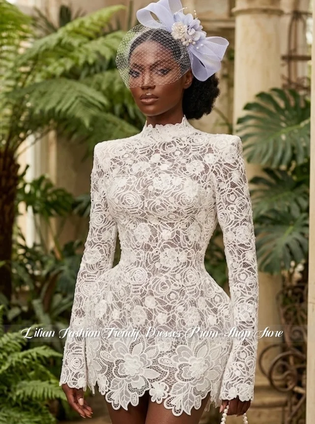 White High-Neck Long-Sleeve Lightweight Wedding Dress Customized Lace Mini-Skirt Bridal Gown Engagement Dress Simple Elegant2026
