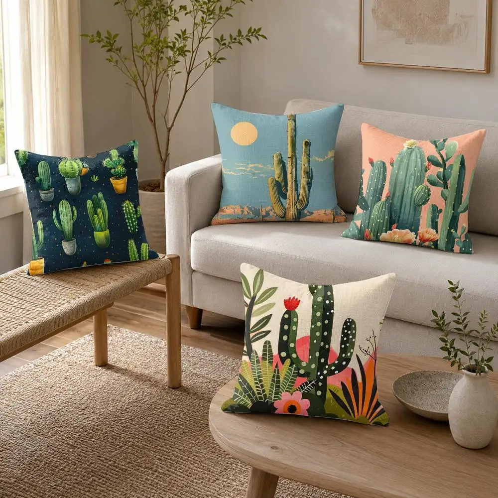 Cactus Cushion Cover Organic Linen Throw Pillow Cover - Double-Sided Print Breathable Cushion Case Home Decor