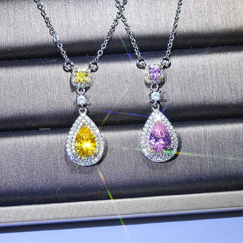 Premium S925 Sterling Silver Necklace Featuring Water Drop Pear Shaped Zircon and Delicate Powder Crystal Pendant for Daily Wear